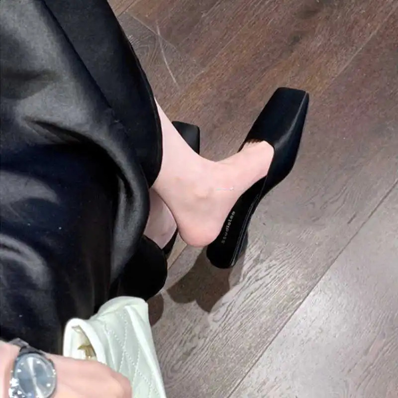 satin womens mule shoes summer sexy square head strange low heel slide sandals elegant and comfortable dress slide 240919