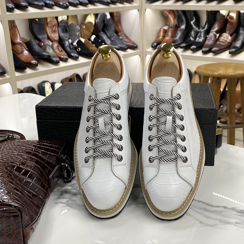 Classic Mens Casual Genuine Leather Lace-Up Fashion Sneakers Brand Alligator Print Street Travel Flat Shoes For Men