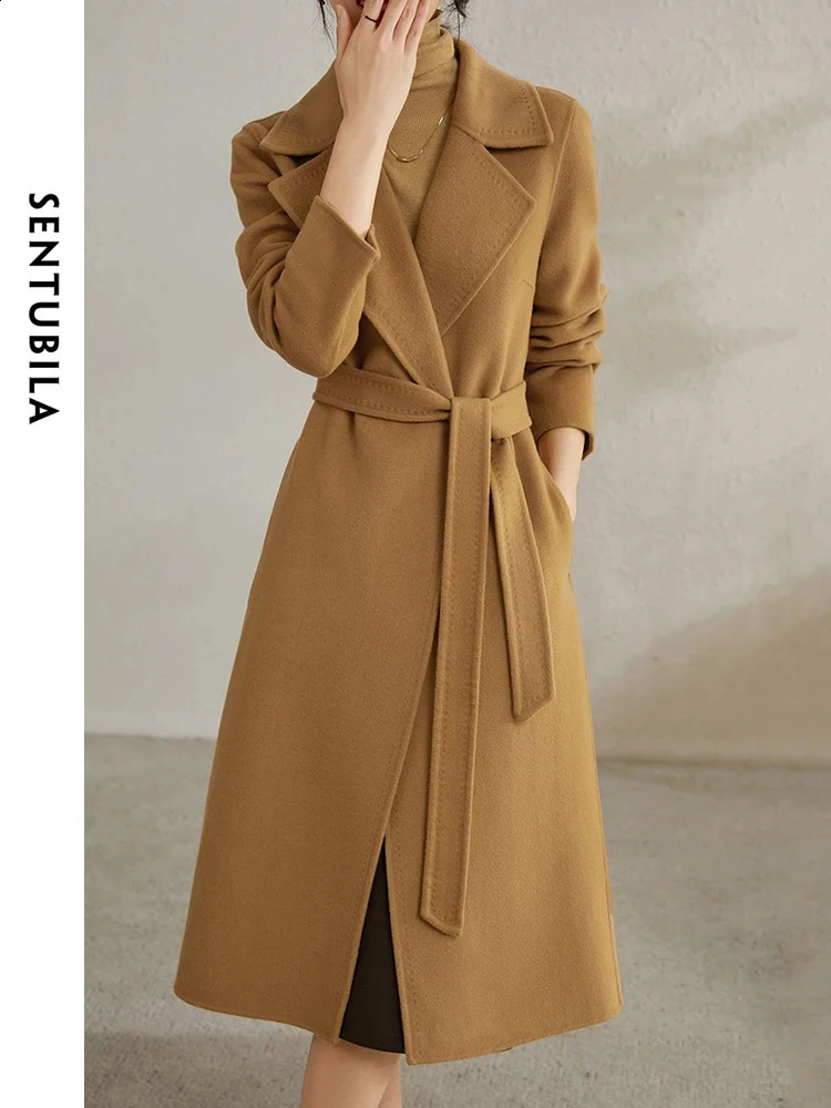 SENTUBILA Women 100% Wool Long Coat Elegant Notched Belted Straight-Cut Warm Double Faced Woolen Winter Overcoat W24o433 240912