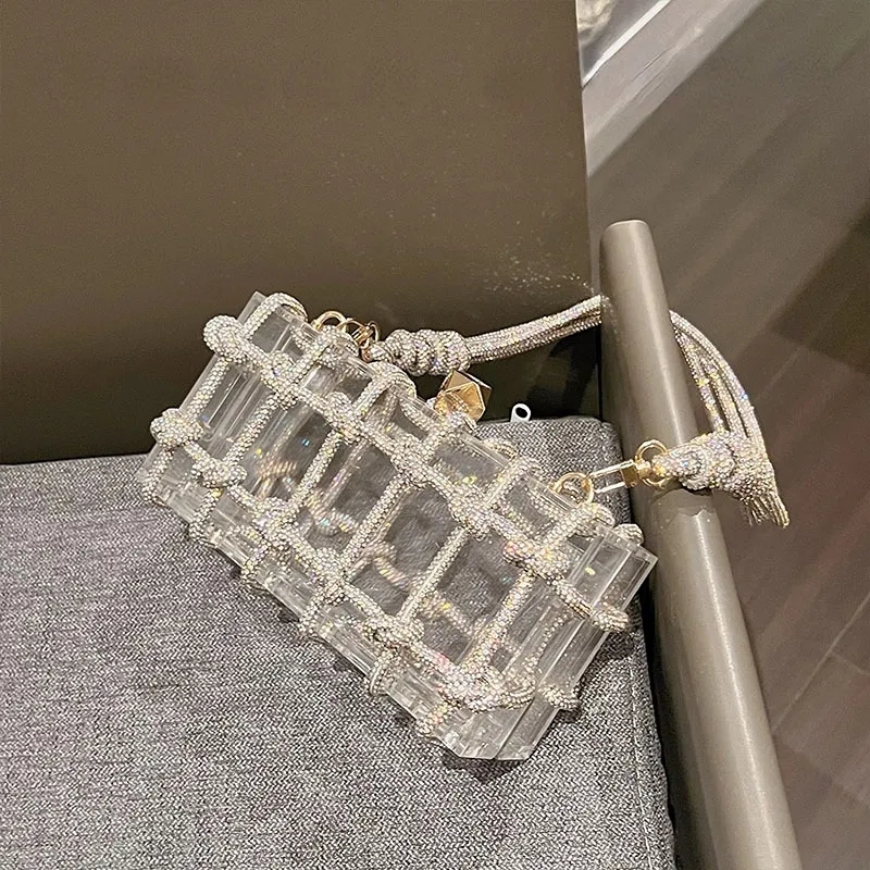2024 New Transparent Acrylic Box Evening Dress Handbag Women's Boutique Weaving Rope Rhie Wallet and Handbag Wedding Party Supplies Free Shipping