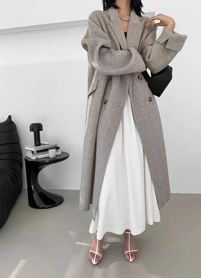 Women Winter Gray Thick Woolen Coats With Button Loose Long Sleeves Pocket Ladies Elegant OverCoat 240911