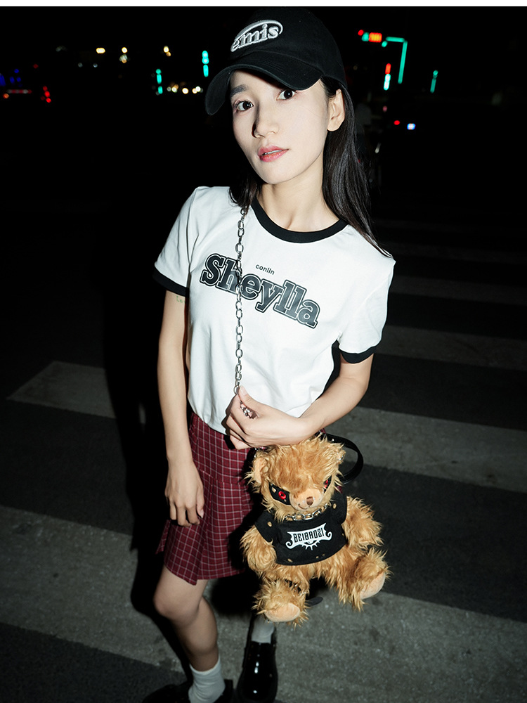Small niche design sweet and cool rivet punk bear plush toy cross bag