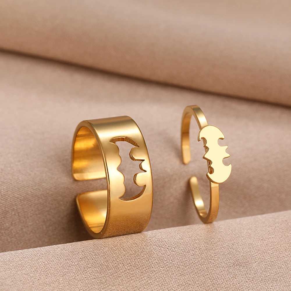 Stainless Steel Rings Gothic Hip Hop Punk Bat Fashion Adjustable Couple Ring For Women Jewelry Wedding Engagement Gift 2Pcs/setX240921