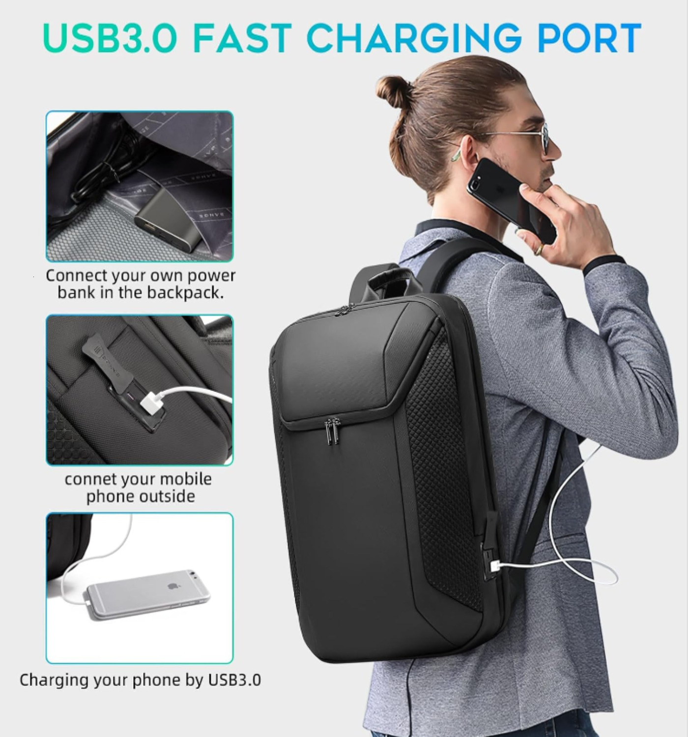 Men Laptop Fits 15.6 Inch Notebook, Business Work Backpack with USB3.0 Fast Charging Port