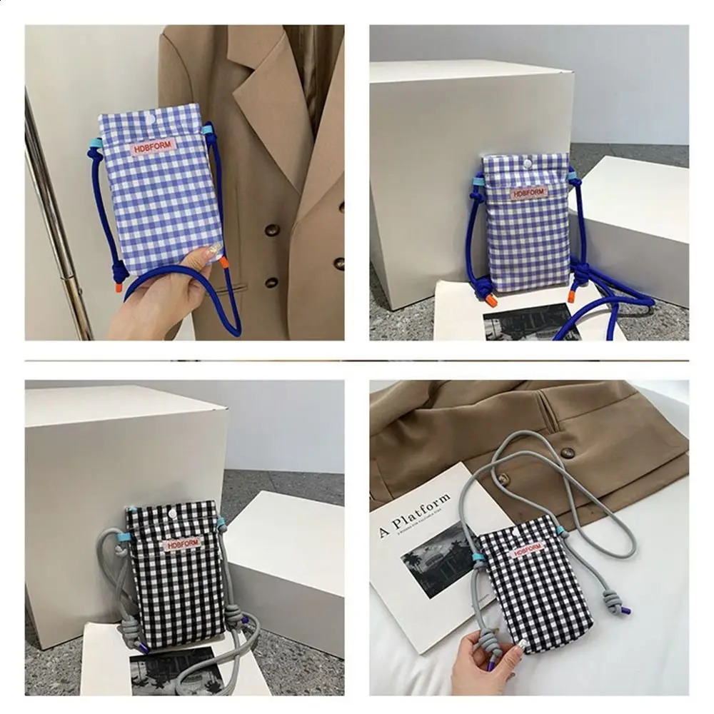 Polyester Grid Shoulder Bag Multifunctional Large Capacity Square Bags Mini Cartoon Mobile Phone Women 240919