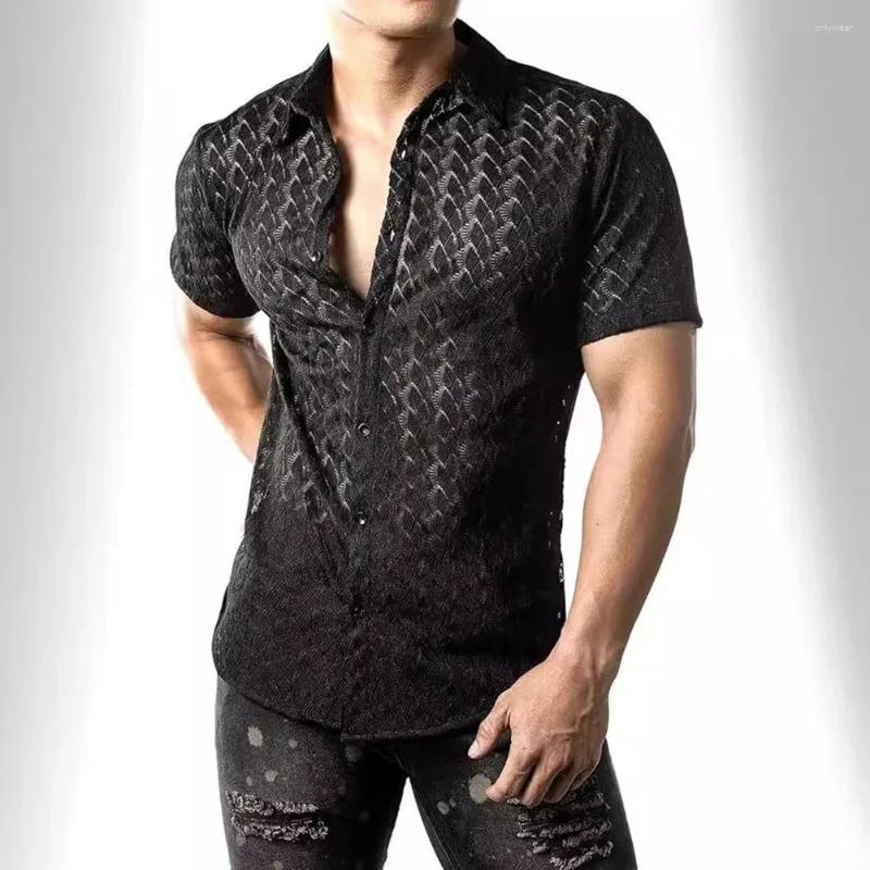 Men's Casual Shirts Mens Summer Mesh See Through Lace Short Sleeve Sexy Party Nightclub Tops