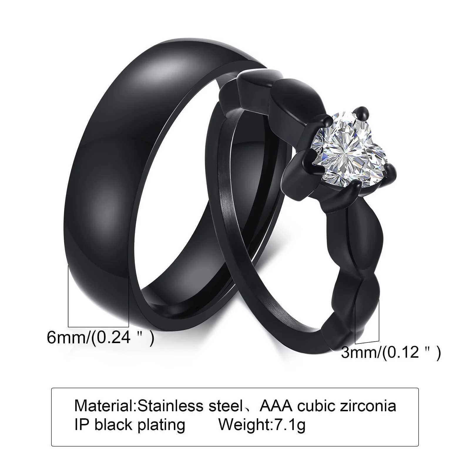 Vnox Romantic Heart CZ Stone Couple Wedding Rings for Women Men Black Color Stainless Steel Bands Engagement Jewelry Love GiftX240921