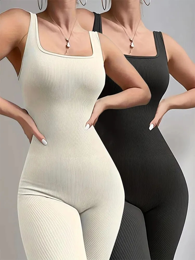 Womens 2-Piece Yoga Jumpsuit Exercise Ribbed Square Collar Sleeveless Vest Sports Jumpsuit 240914