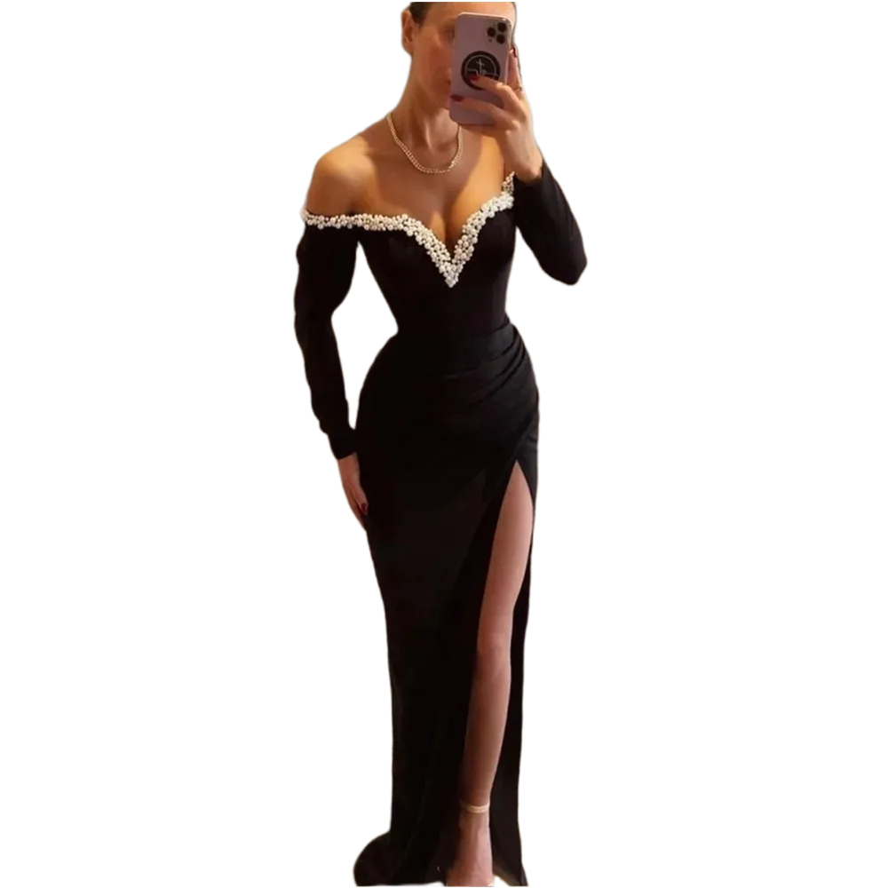 Elegant Sheath Black Evening Dresses Off Shoulder Long Sleeves Pearls Beaded V-Neck Formal Dress Side High Split Long Simple Satin Prom Gown For Ladie