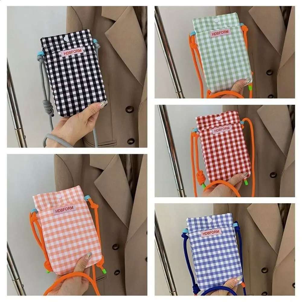 Polyester Grid Shoulder Bag Multifunctional Large Capacity Square Bags Mini Cartoon Mobile Phone Women 240919