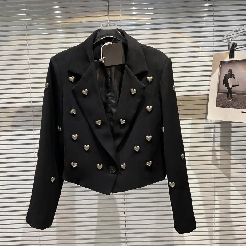 Heart shaped bead decoration black short jacket womens jacket spring slim fit notch collar long sleeved single button womens suit jacket 240918