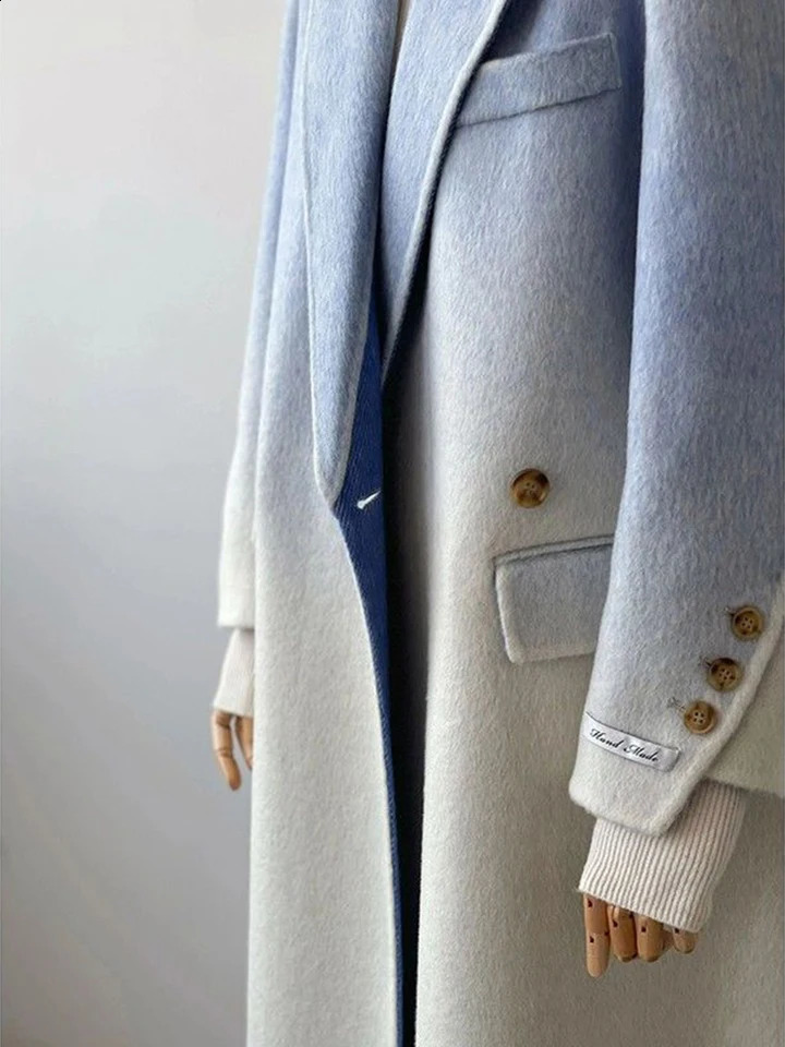 2024 Winter Women Vintage Long Woolen Coat Fashion Long Sleeve Jackets Chic Gradient Outerwear Korean Ladies Casual Overcoat 240918