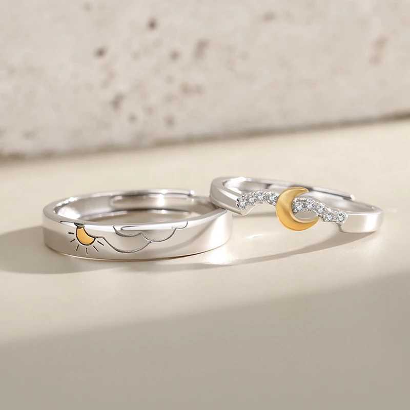 Silver-Plate French Drop Glaze Romantic Couple Ring Simple Personalized Sun Moon Titanium Steel Open Rings Valentines Day GiftX240921