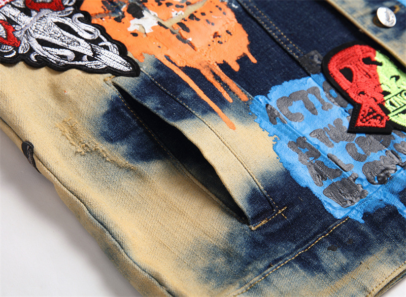 Men's New Slim-Fit European And American Style Multi-Badge Skull Paint Long-Sleeved Trendy Slim Denim Jacket M-3Xl