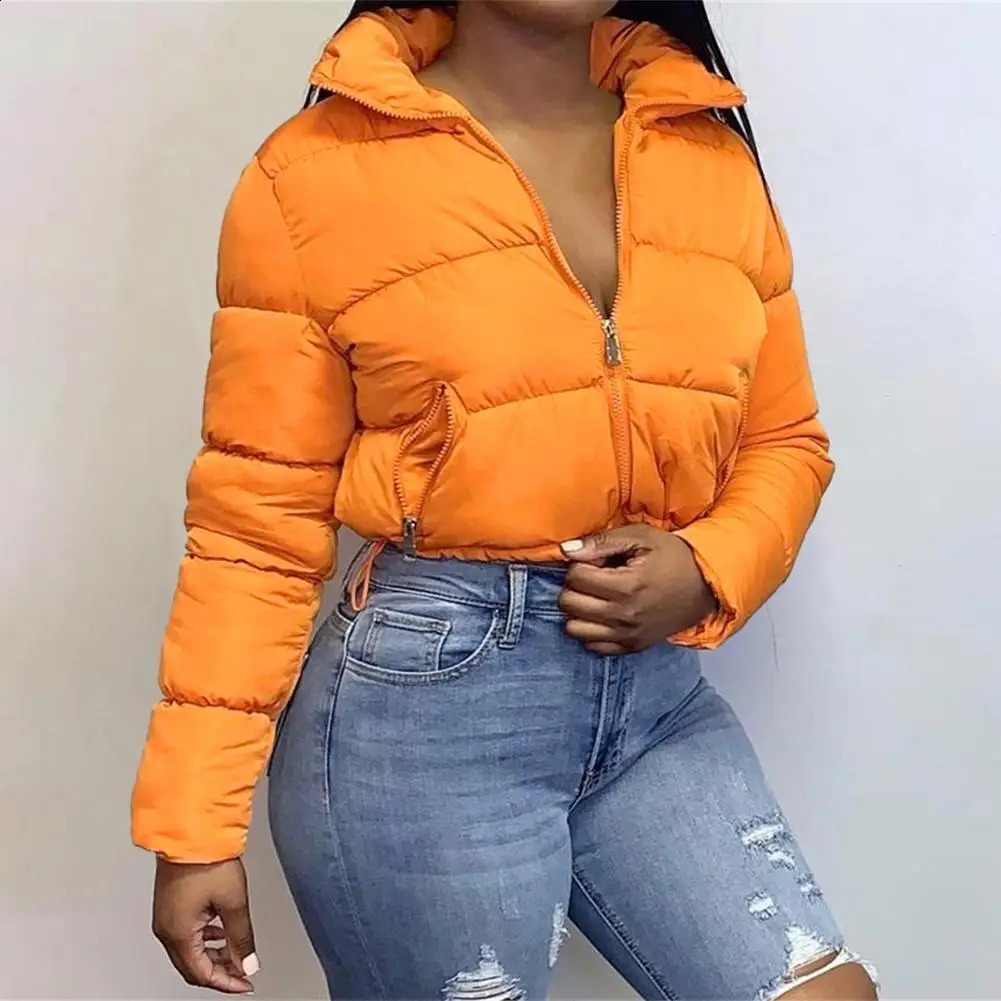 Womens winter long sleeved zipper inflatable jacket holder collar for warmth Parka fashion short thick bubble 240921