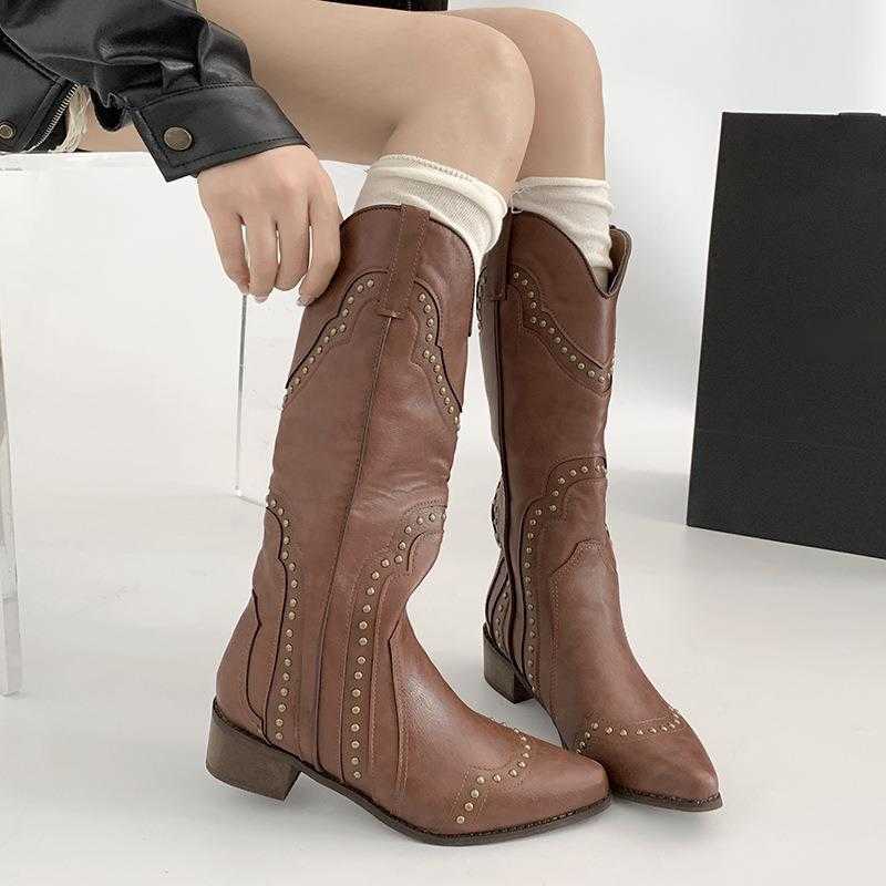 CMM Classic and Versatile Thick Heeled Long Boots for Women New Summer Pointed Toe Slimming and Height Increasing v Neck Knight Boots