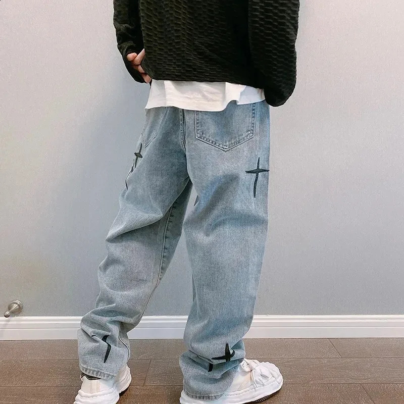 Autumn Men Prints Streetwear Baggy Wide Leg Jeans Korean Y2k Trousers Male Drapes Straight Casual Loose Denim Cargo Pants 240911
