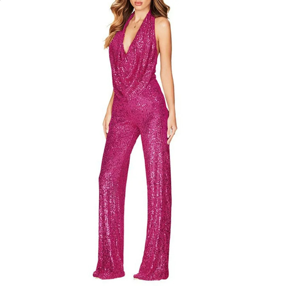 Elegant Halter Sleeveless Straight Playsuits Women Sexy Glitter Sequin Club Party Jumpsuits Summer Women Fashion Backless Romper 240921