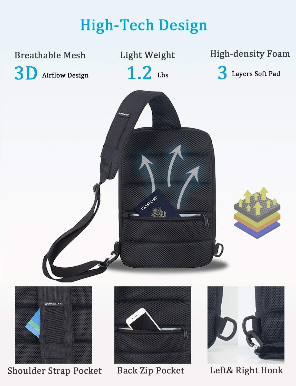 USB Anti-theft Laptop Backpack, 13.3 Inch Casual Chest Shoulder Daypack for Men and Women