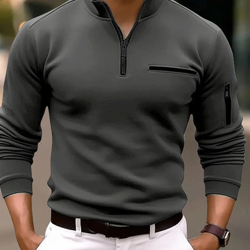 Spring Fashion Zipper Polo Shirts 2024 Casual Solid Color O-Neck Tees Pullover Fashion Men Clothing Long Sleeve 240914