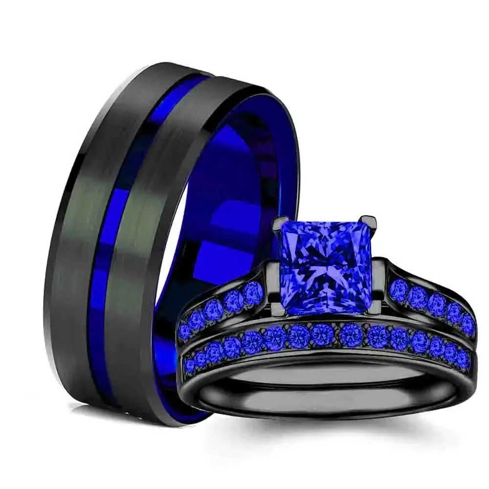Fashion Couple Rings Romantic Women Blue Rhinestones CZ Rings Set Trendy Men Stainless Steel Rings Wedding Band Jewelry GiftsX240921