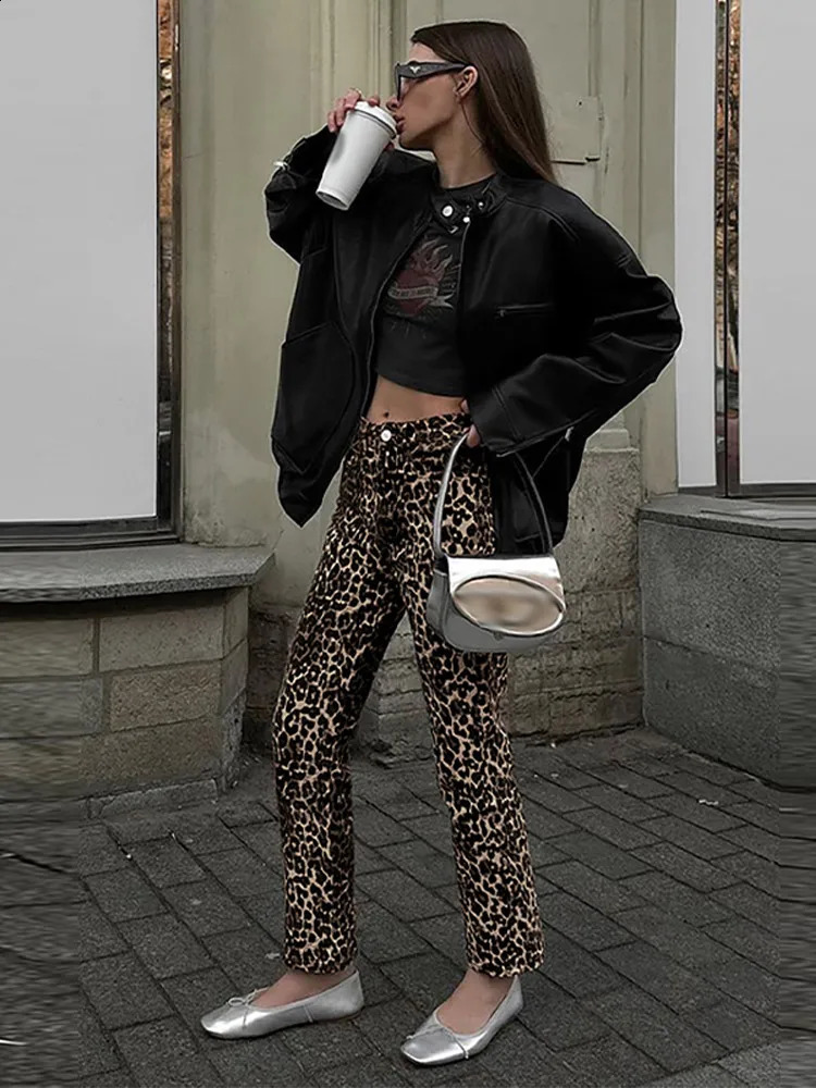 Leopard Print pencil pants sexy slim fit fashionable casual retro high waisted jeans street niche n womens 240921