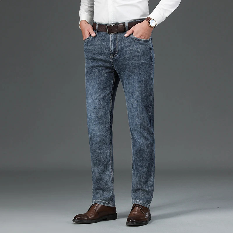 Autumn mens business casual jeans 95% pure cotton comfortable elastic retro straight denim pants classic Trouser style 240913
