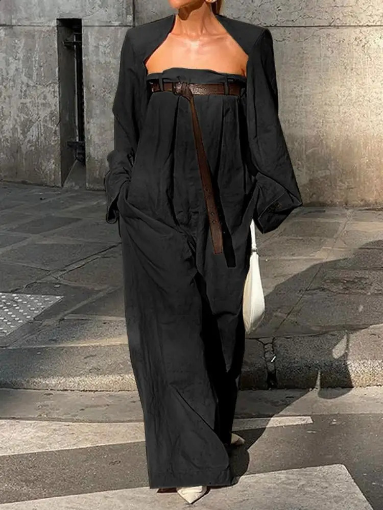 Yeezzi 2024 Female Fashion Long Sleeves Collarless Outerwear Tops Strapless Wide Leg Tube Belted Jumpsuits Two Pieces Sets 240921