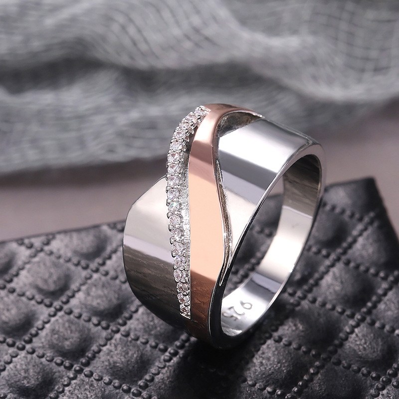 Amazon Europe and the United States hot selling simple micro-inset rose gold two-color bow cross zircon ring jewelry
