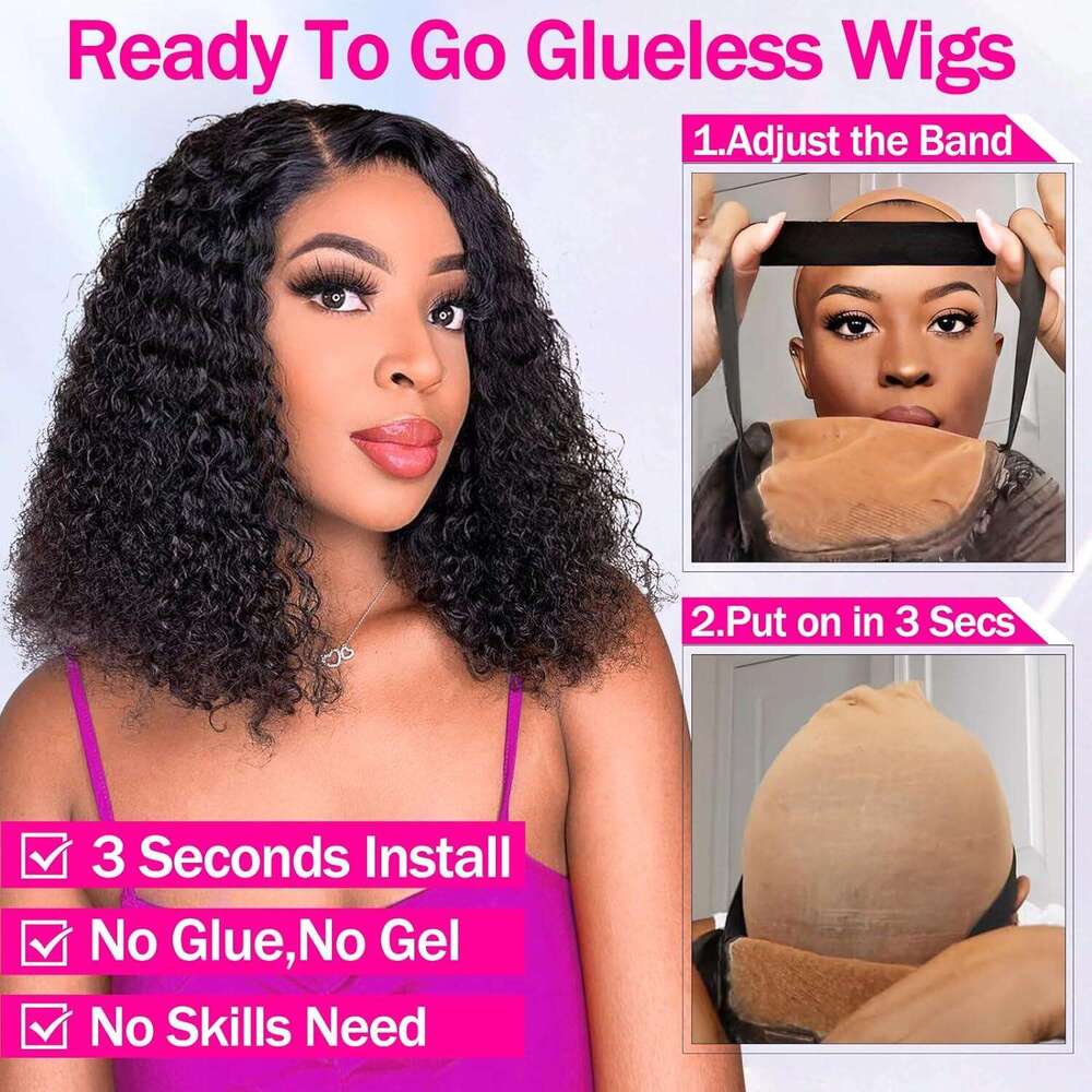 Glueless Kinky Bob Wig Human Ready To Wear Transprent 4x4 Lace Closure For Women Curly Wigs Peruvian Remy Hair