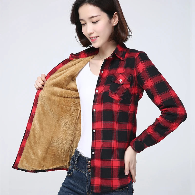 2023 Winter Plus Thick Womens Warm Plaid Shirt Coat Lady Casual Fleece Velvet Jacket Tops Women Clothes Outerwear 240919