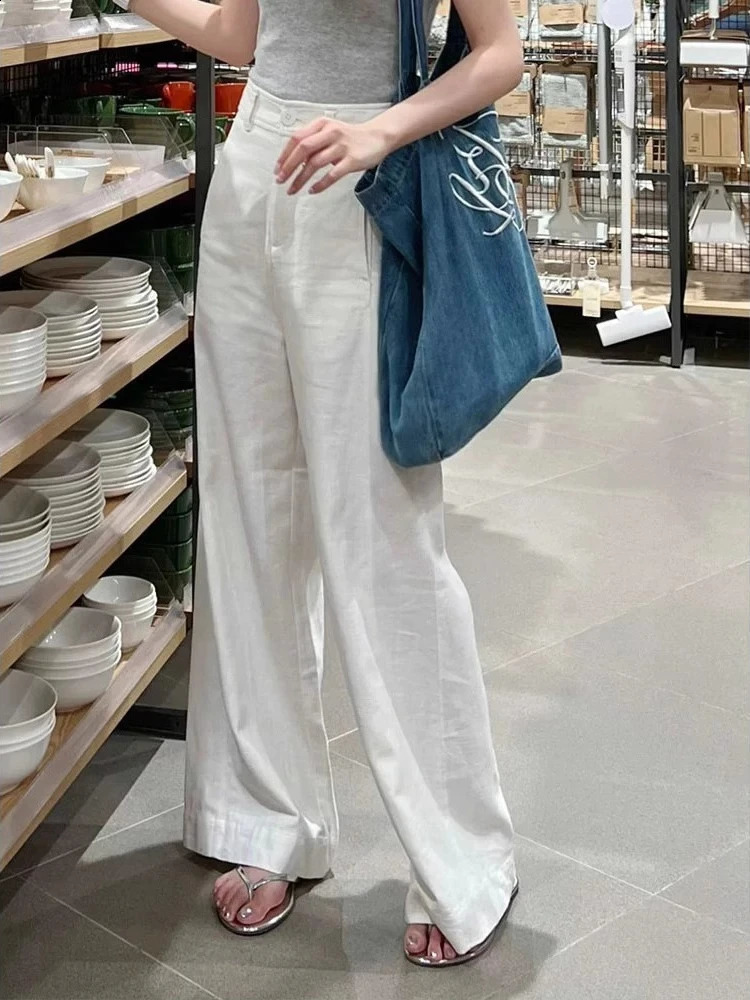 Early Spring Style White Cotton Linen Wide Leg Pants High Waist Drooping Slimming Straight Casual Pants Womens Clothing 240921