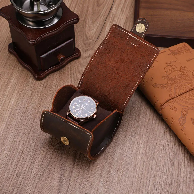 Watch Box 1-slots Retro Leather Cylindrical watch box case Portable Watch Storage Box single watch organizer UTHAI 240909