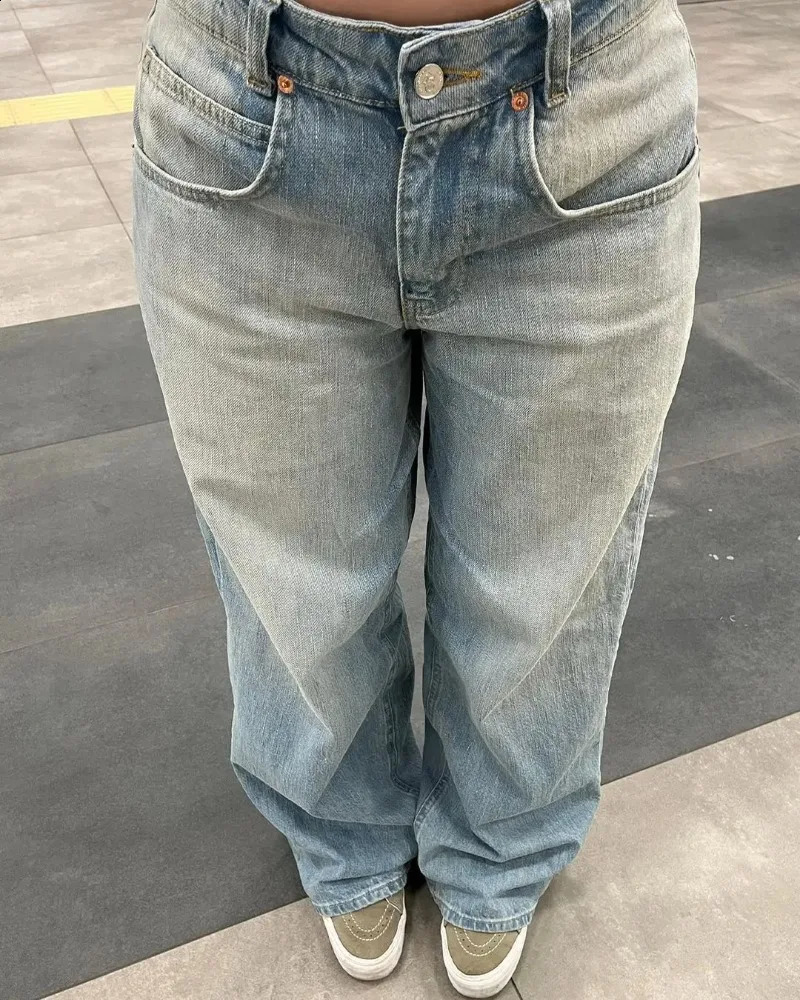 Retro Fashion High Waist Blue Laundry Old Jeans Womens Y2K Harajuku Luggage Straight Pants Casual Wide Leg 240921