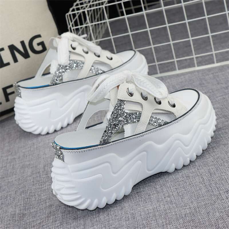 New Glitter Leather Women Chunky Sneakers Platform Wedge Breathable Slippers Comfortable Hollow Summer Shoes