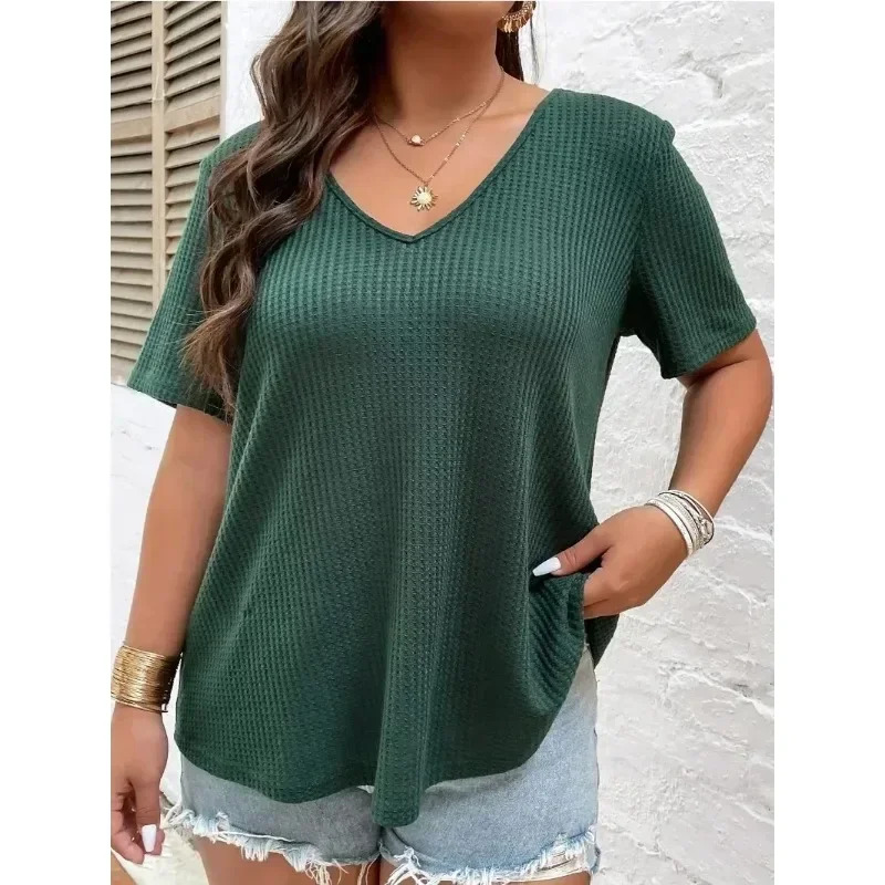 Plus size women's 1XL-5XL T-shirt, fashionable solid color short sleeved top, women's casual V-neck knit, free shipping