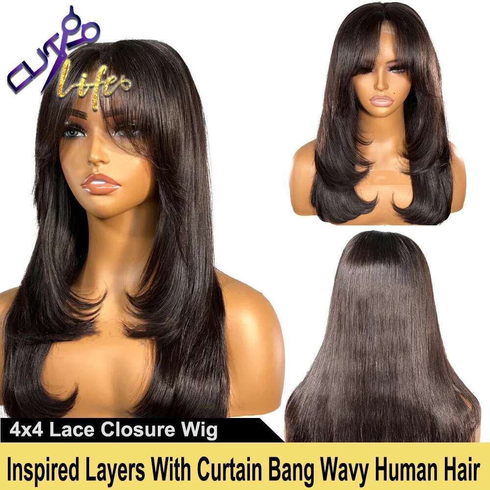 Wear To Go Inspired Layers With Curtain Bang Light Yaki 4x4 Lace Closure Glueless Human Hair Wigs For Black Women 34 Inches