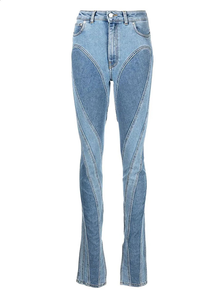 DEAT Fashion Womens Jeans Ultra Thin Deconstructed Panel Splicing Work High Waist Split Blue Long Spring Style 1DF2575 240921