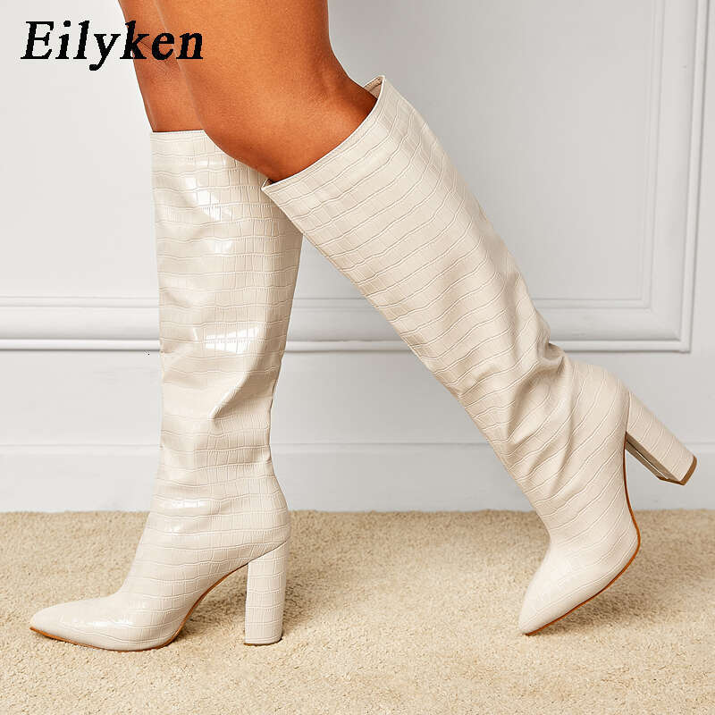 Eilyken New Fashion Solid Color Snake Pattern Women Knee-High Boots Pointed Toe Winter Ladies Long Booties Handmade Shoes