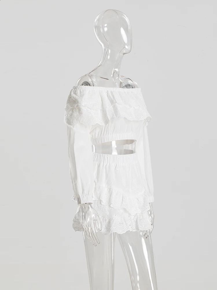 Jastie Spring Womens Lace Set Fashion O-neck Long sleeved ShirtA-line Ski Set Casual Elegant White Two piece Set 240921