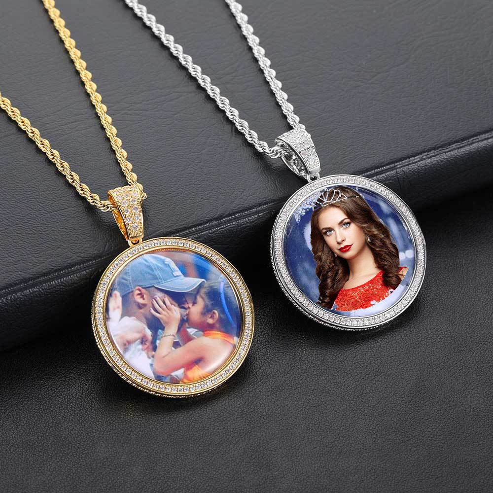 Custom Photo Pendant Necklace TopBling Zircon Memorial Frame Medal Pendants Jewelry Women Men Gift