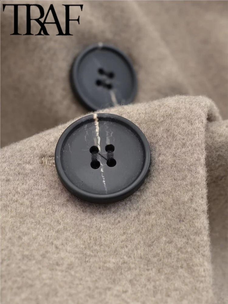 TRAF GAL 2024 Winter Women Woolen Coat Stand Collar Double Breasted Loose Jacket Female Office Long Sleeve Overcoat Grey y2k 240913