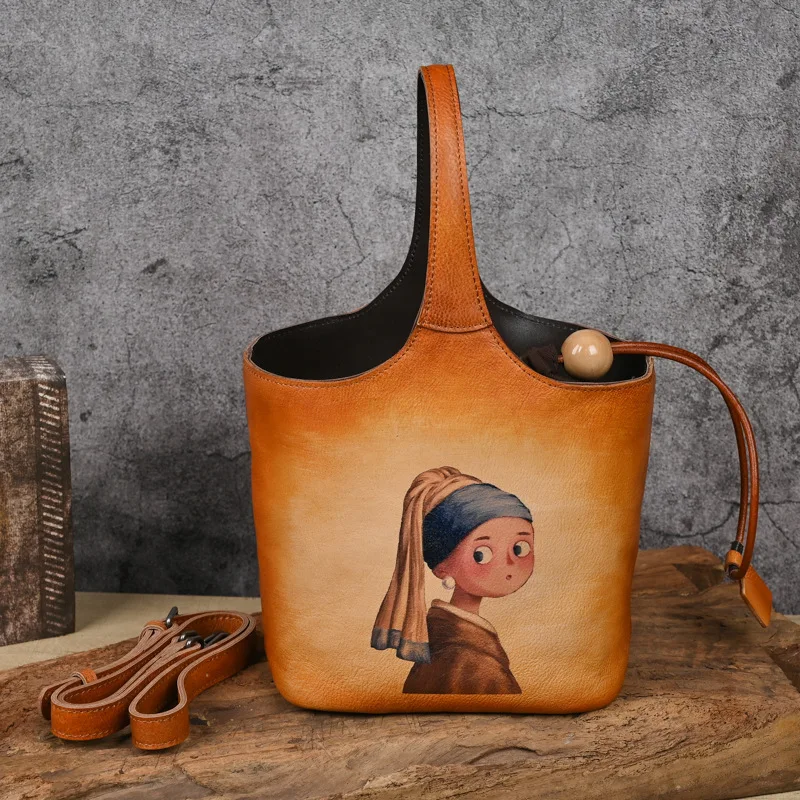 Vintage Cow Leather Bags For Women Handmade TLXT 3 Color Wiping Designer Bucket Bag Female Designer Luxury Handbag Brown Bag