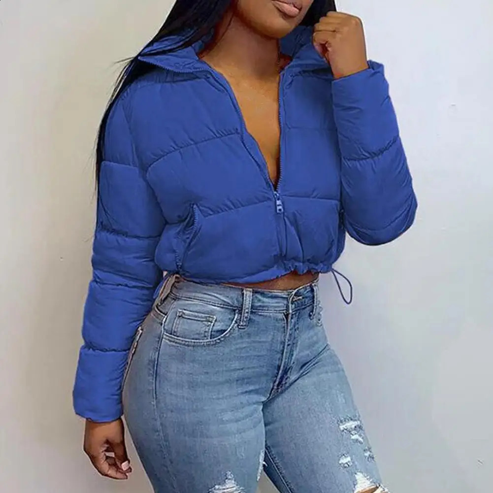 Womens winter long sleeved zipper inflatable jacket holder collar for warmth Parka fashion short thick bubble 240921