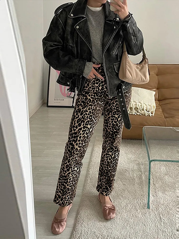 Leopard Print pencil pants sexy slim fit fashionable casual retro high waisted jeans street niche n womens 240921