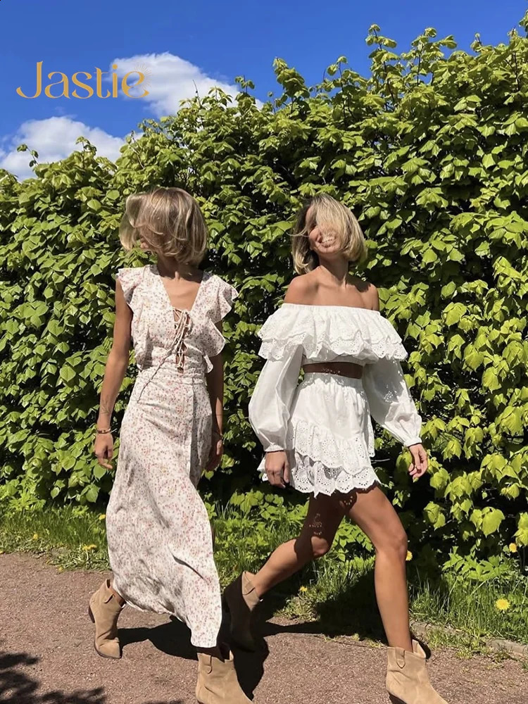 Jastie Spring Womens Lace Set Fashion O-neck Long sleeved ShirtA-line Ski Set Casual Elegant White Two piece Set 240921