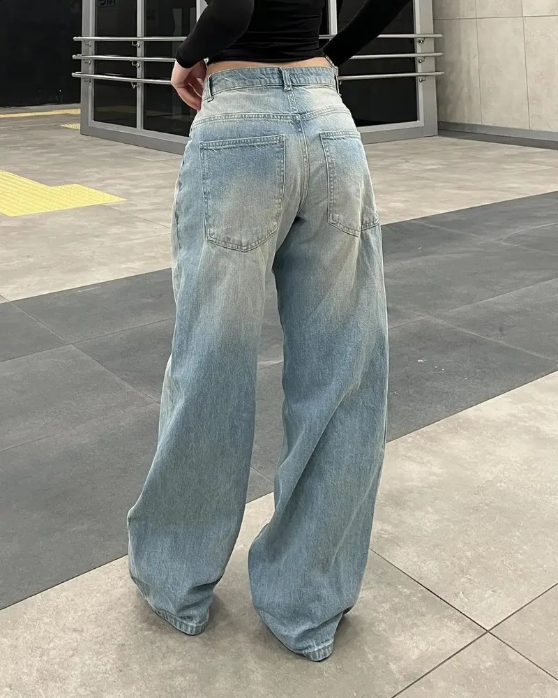 Retro Fashion High Waist Blue Laundry Old Jeans Womens Y2K Harajuku Luggage Straight Pants Casual Wide Leg 240921
