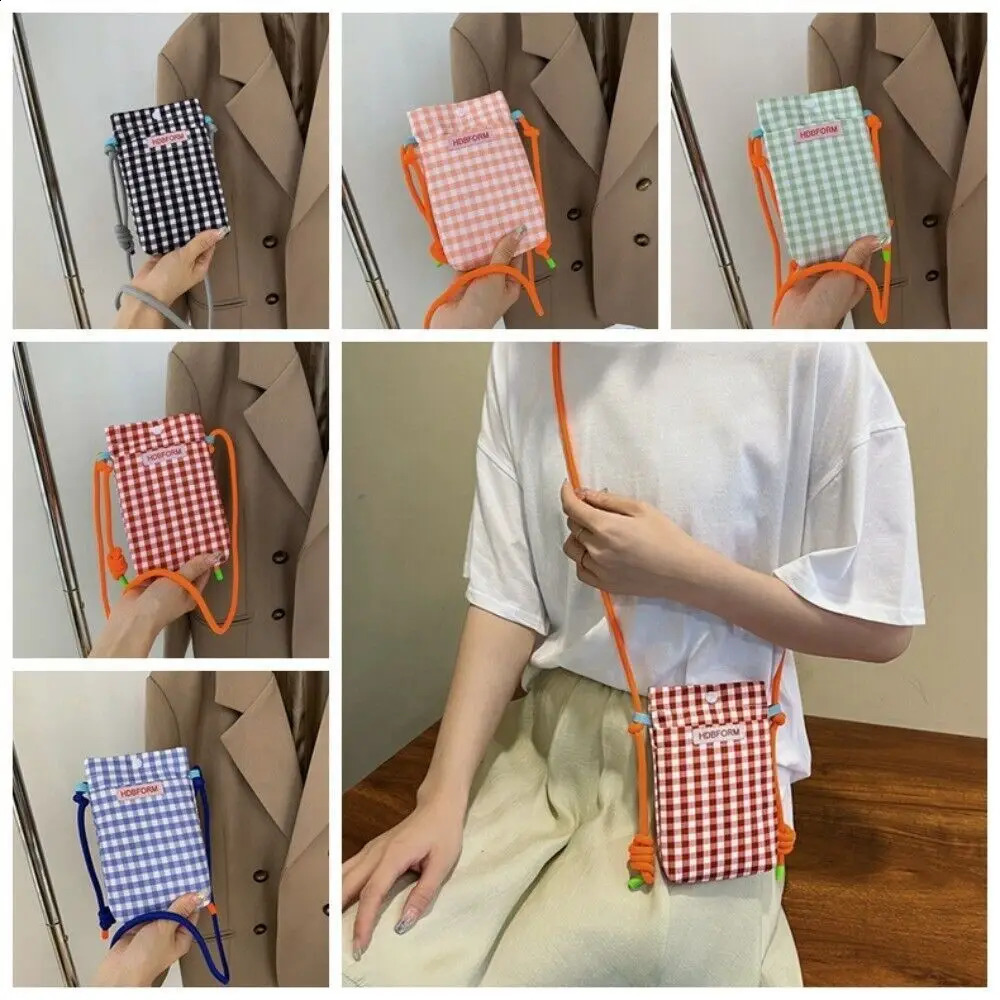Polyester Grid Shoulder Bag Multifunctional Large Capacity Square Bags Mini Cartoon Mobile Phone Women 240919