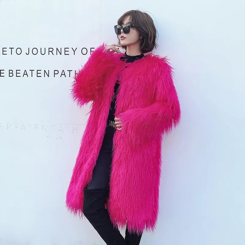 Long Pink Faux Fur Coat Women Clothing O-Neck Plush Jacket Winter Coat Female Overcoat Fluffy Jacket Teddy in Outerwears 240911