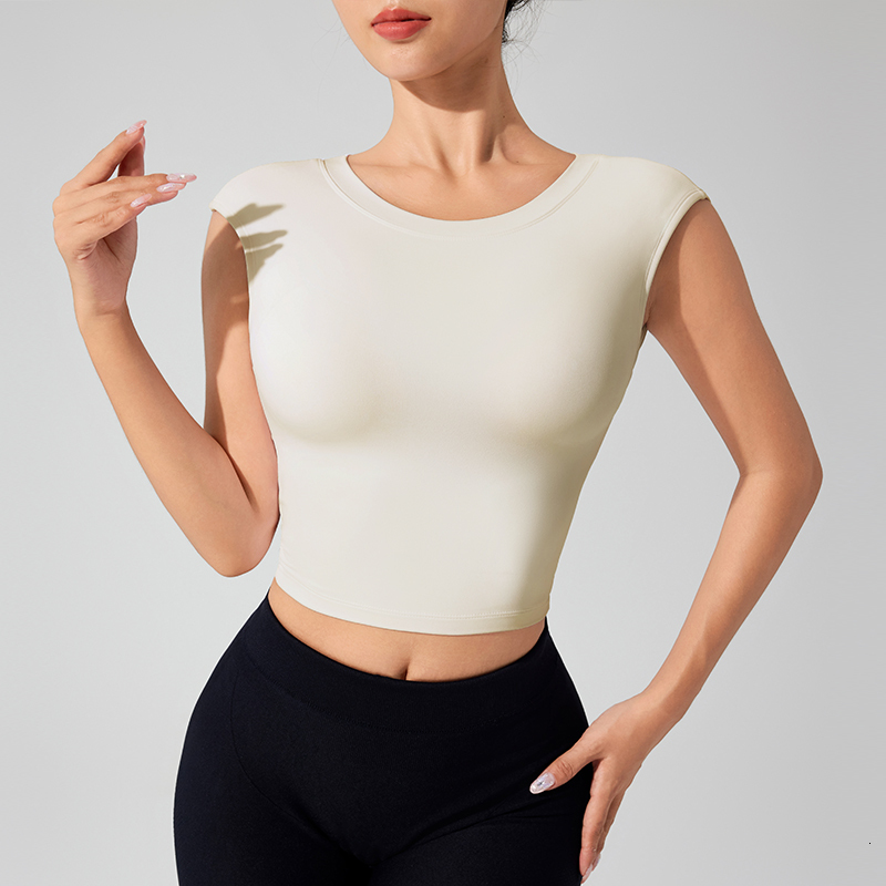 Springsummer Yoga Sleeved Women's Fixed Chest Cushion Sexy Open Back Short Sports T-Shirt With Waist Wrap Fiess Tank Top
